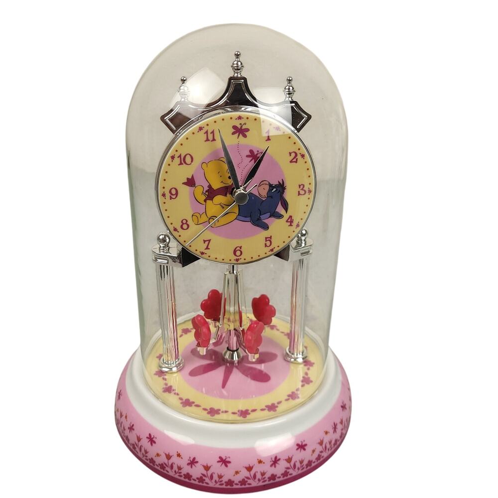 Vintage Disney Winnie The Pooh Anniversary Clock Porcelain Base Glass Dome 9"
